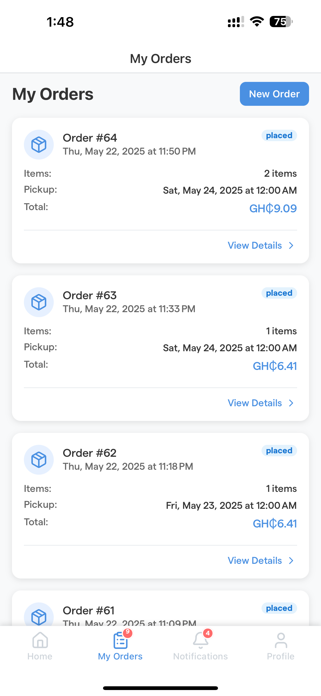 My Orders Screen - Track order history with pickup times and status updates